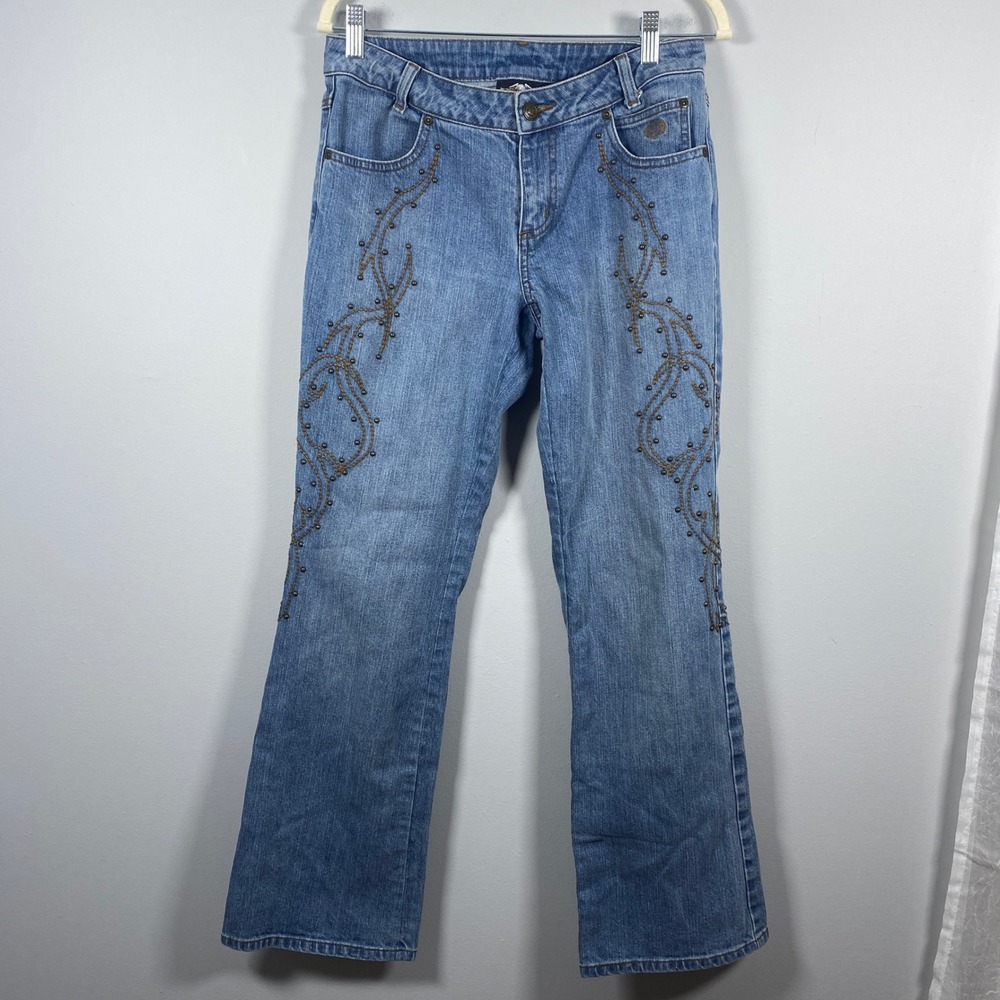 Vintage Harley Davidson Jeans Womens Size 6 Blue Studded Embroidered Bootcut Y2K